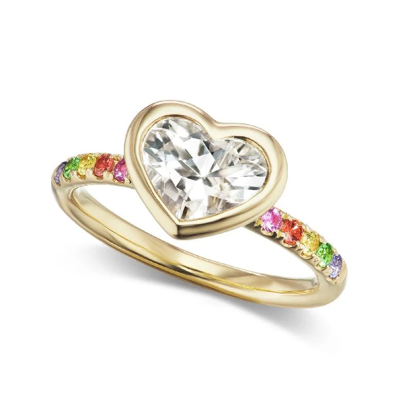 Rings For Short Fingers-Bezel Set White Topaz Heart on Rainbow Sapphire Band Ring