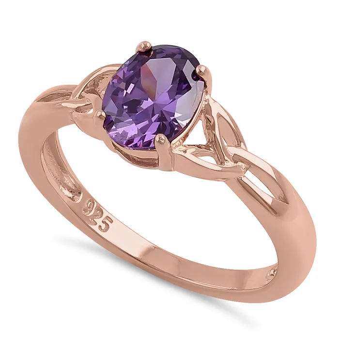 Rings For Cool Tones-Sterling Silver Rose Gold Plated Charmed Oval Amethyst CZ Ring