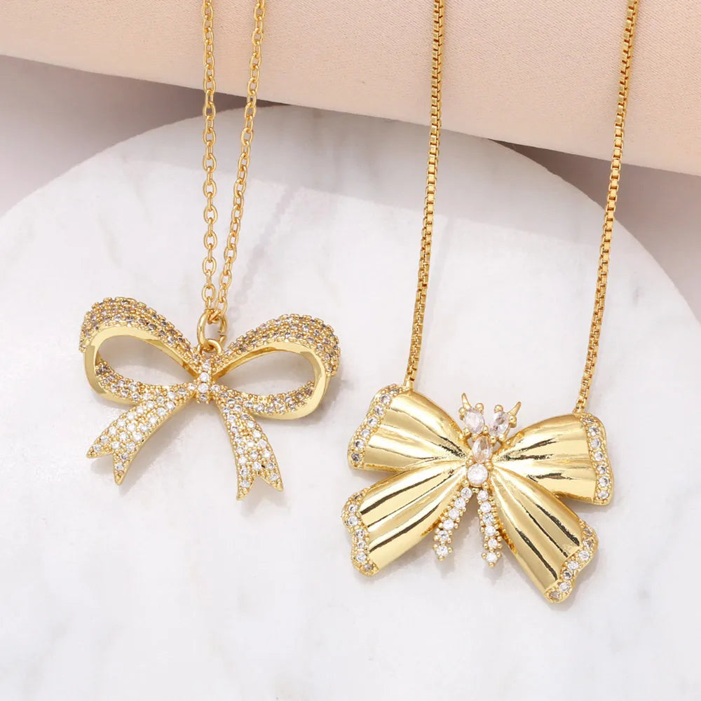 Necklaces Value Deals-201 Stainless Steel Copper 18K Gold Plated Modern Style Simple Style Plating Inlay Bow Knot Zircon Pendant Necklace