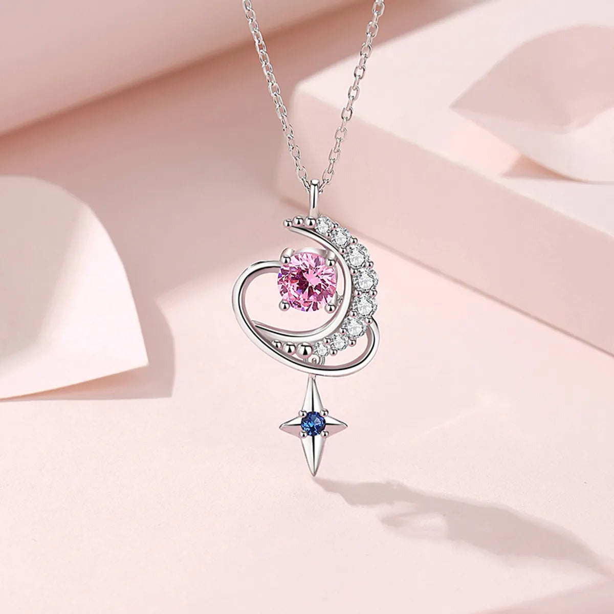 Necklaces Style Reviews-Ig Style Shiny Star Moon Sterling Silver Polishing Plating Inlay Zircon Pendant Necklace