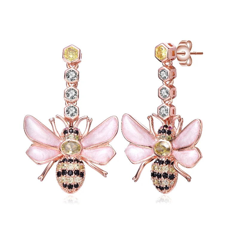 Earrings With Floral Motifs-Sterling Silver 18K Rose Plated Clear Cubic Zirconia Floral Drop Butterfly Earrings