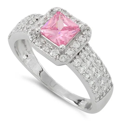 Rings Upkeep Tips-Sterling Silver Pink Princess Cut CZ Ring