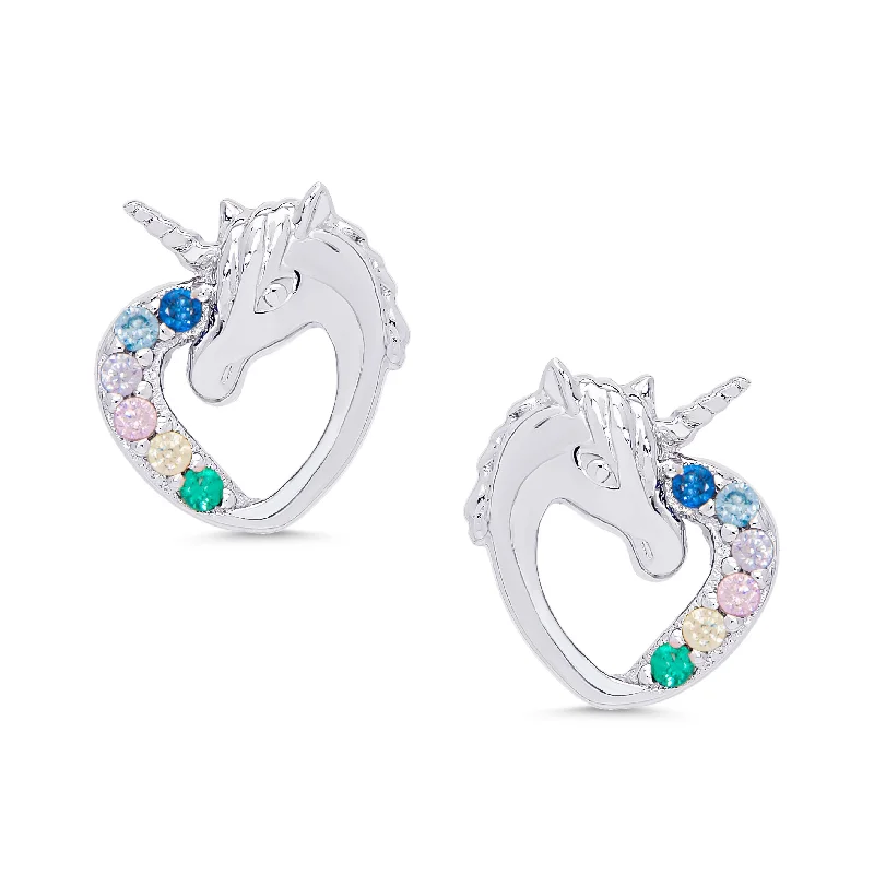 Earrings With Floral Motifs-CZ Heart Unicorn Stud Earrings in Sterling Silver