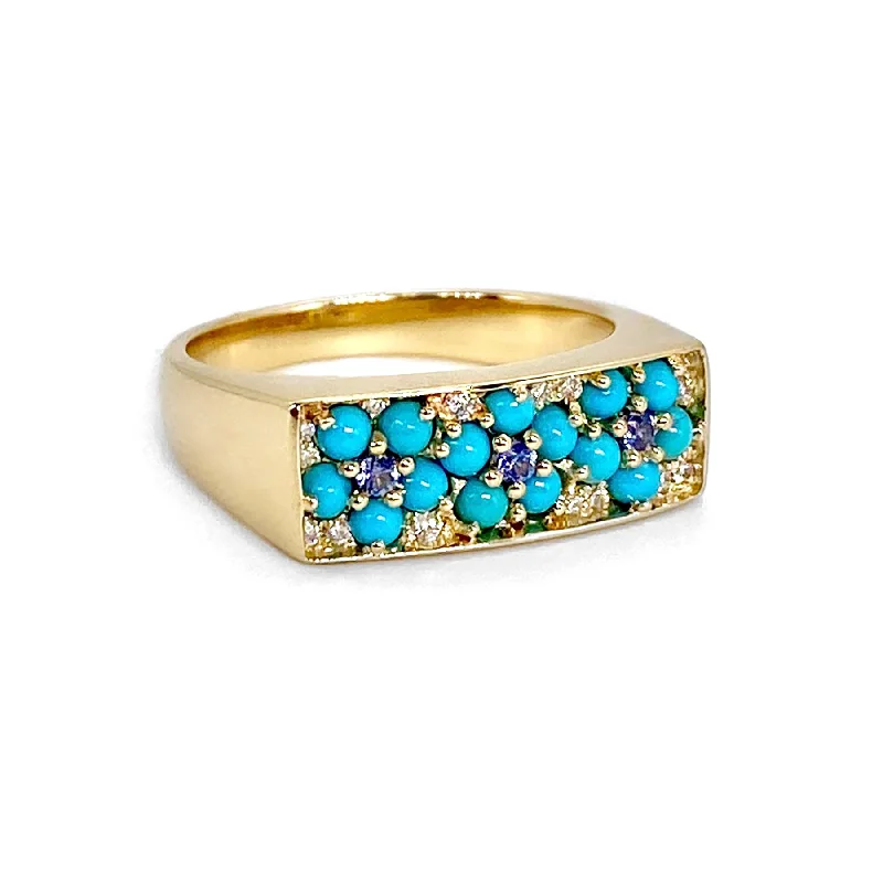 Rings Build Guide-Turquoise & Blue Sapphire Sleeping Beauty Floral Diamond Signet Ring