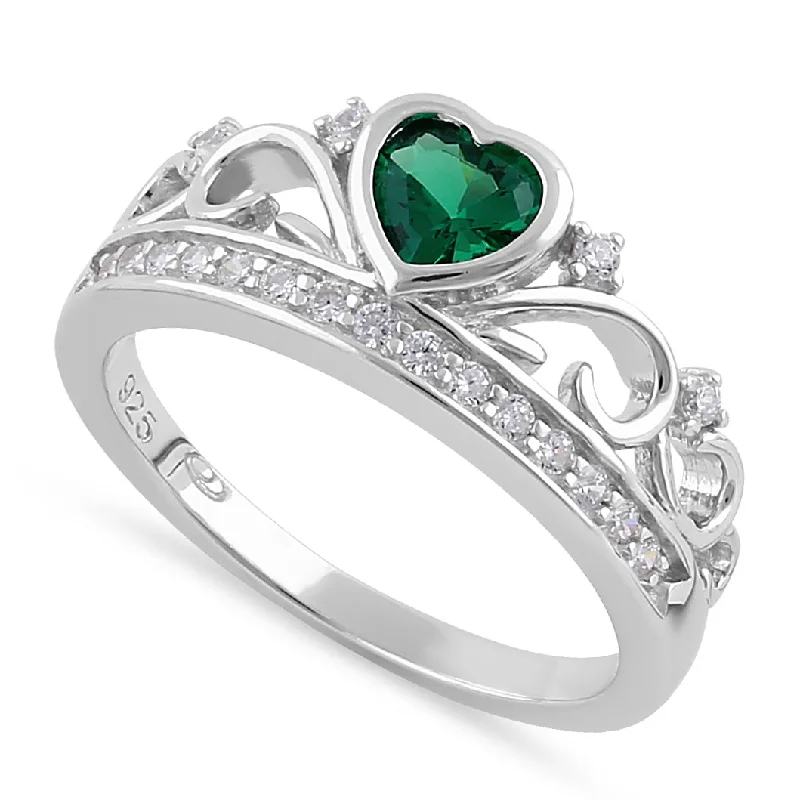 Rings For Heart Frames-Sterling Silver Heart Crown Emerald CZ Ring