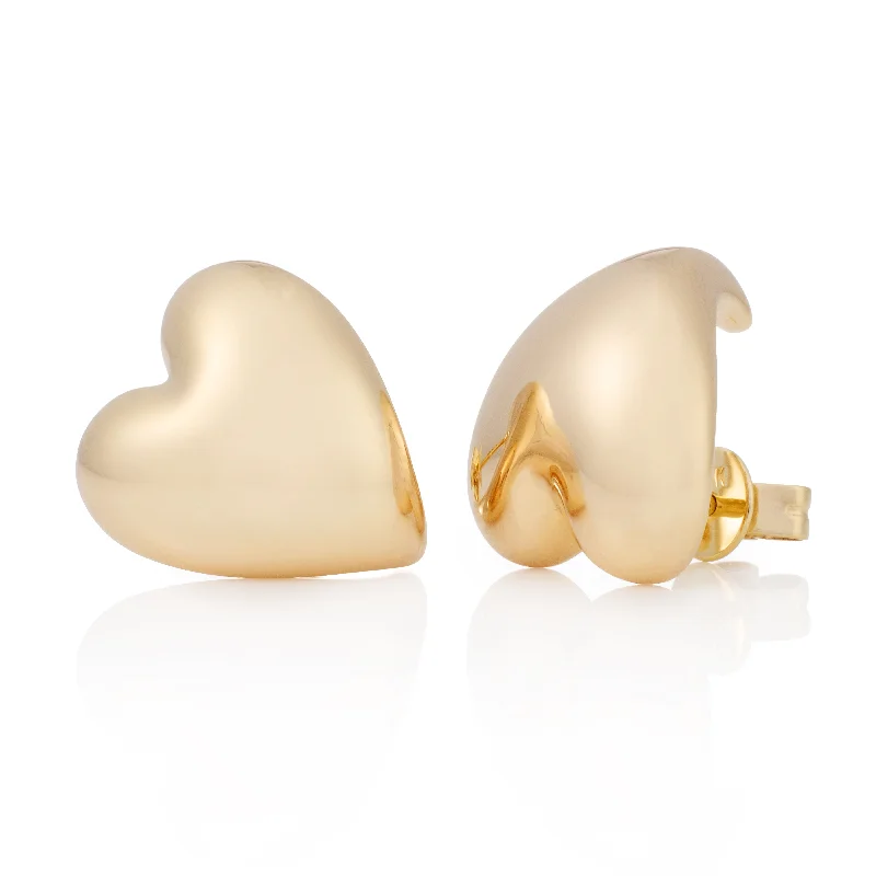 Earrings For Layered Necklaces-Solid Gold Heart Button Studs