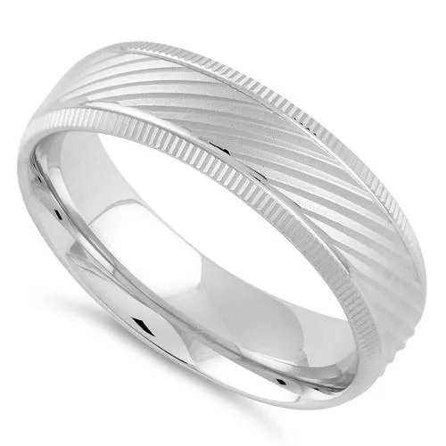 Rings For Calm Nights-Sterling Silver Diamond Cut Slanting Lines Wedding Band Ring