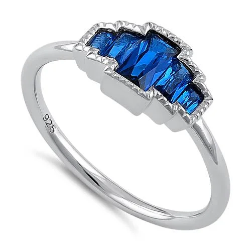 Rings For Soft Style-Sterling Silver Five Radiant Cut Blue Spinel CZ Ring