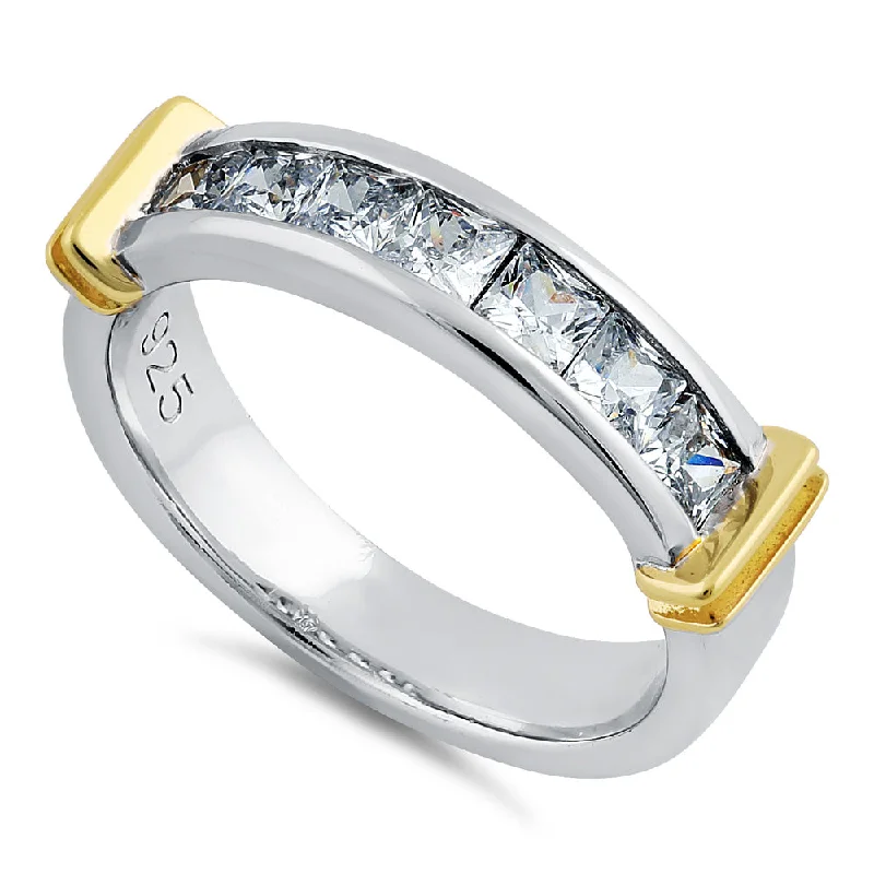 Rings For Subtle Shine-Sterling Silver Men's Two Tone Yellow Gold Wedding Band CZ Ring