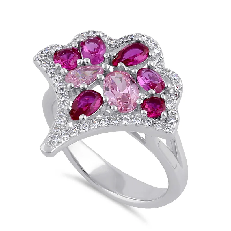 Low Cost Rings-Sterling Silver Pink & Ruby CZ Bouquet Ring