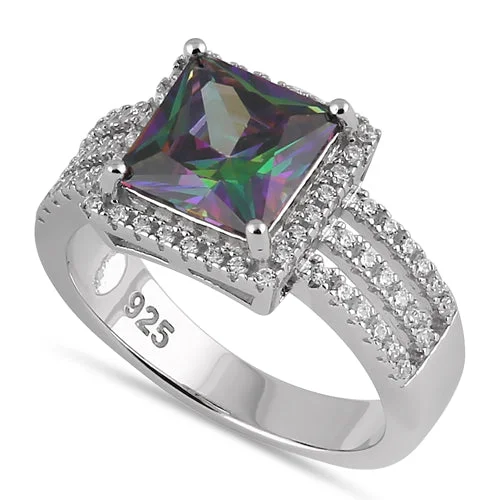 Chic Rings For Trends-Sterling Silver Rainbow Princess-Cut CZ Ring