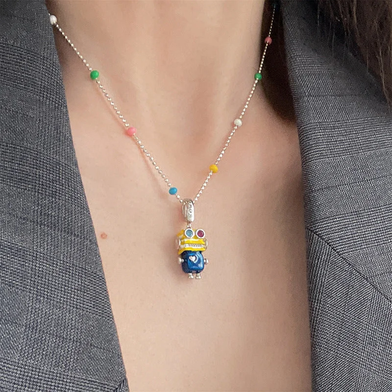 Recycled Necklaces-Simple Style Cartoon Character Sterling Silver Enamel Charms Pendant Necklace