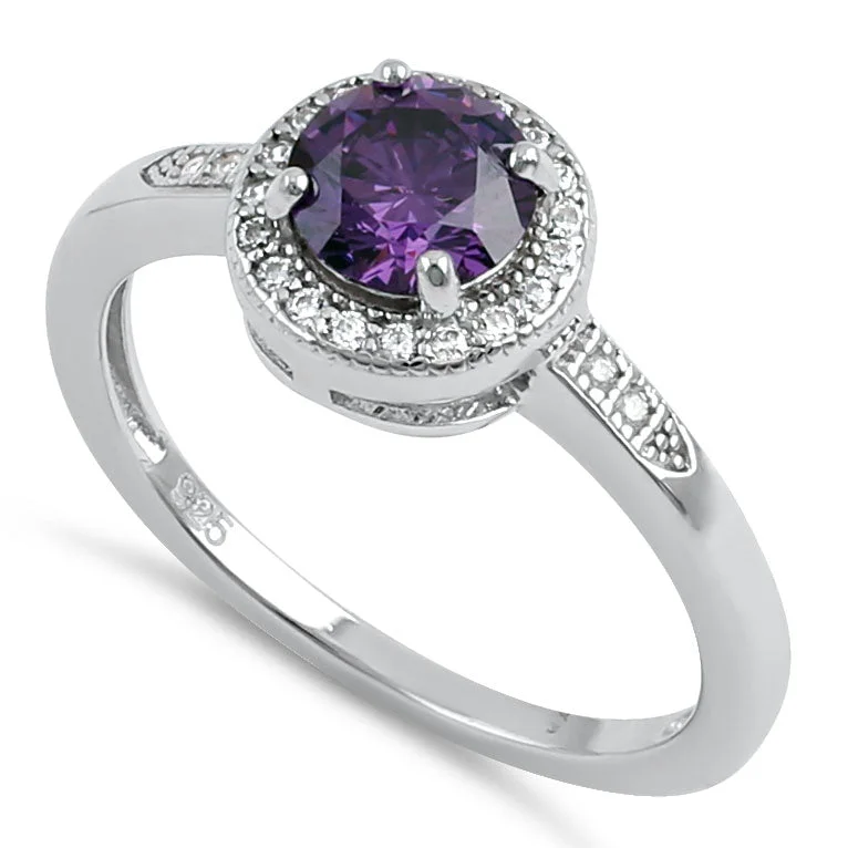 Rings For Hot Days-Sterling Silver Elegant Round Halo Amethyst CZ Ring