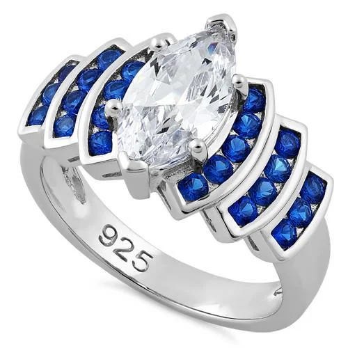 Rings For Square Shapes-Sterling Silver Elegant Blue Spinel Marquise Clear CZ Ring