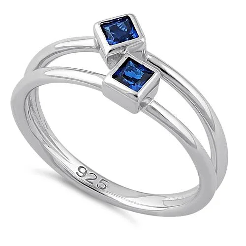 Rings Fit Guide-Sterling Silver Double Princess Cut Blue Spinel CZ Ring