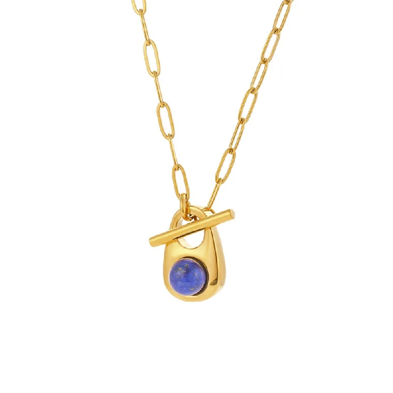 Inlaid Stone Drop Shape Clip Ot Buckle Necklace-Gold-Lapis Lazuli