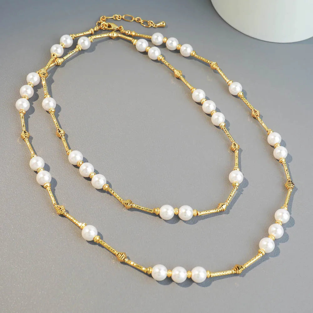 Necklaces With Secure Locks-Artificial Pearl Copper 18K Gold Plated Simple Style Classic Style Beaded Round Double Layer Necklaces