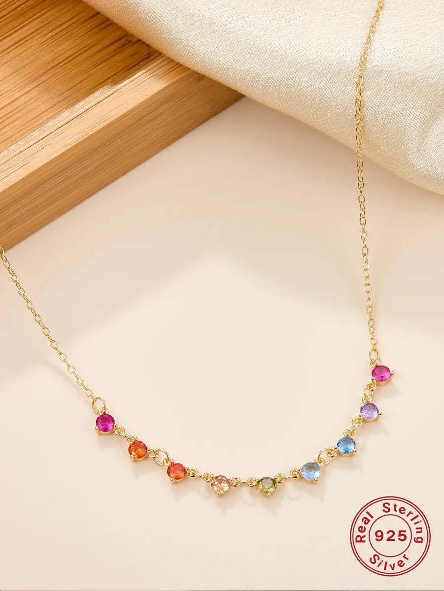 Necklaces For Narrow Frames-Elegant Shiny Round Sterling Silver Plating Inlay Zircon 18k Gold Plated Necklace