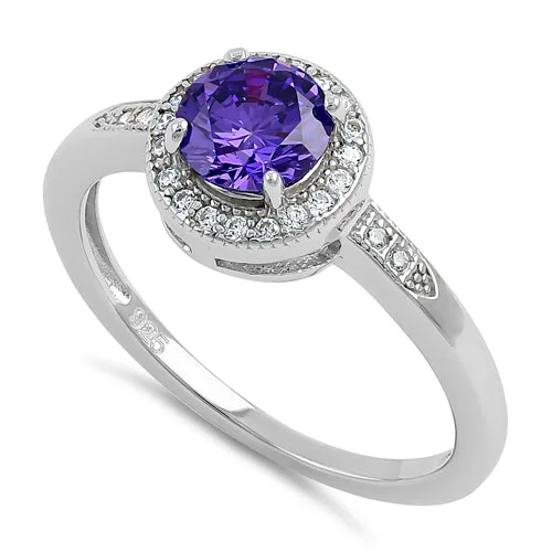 Rings With Neutral Tones-Sterling Silver Elegant Round Halo Violet CZ Ring