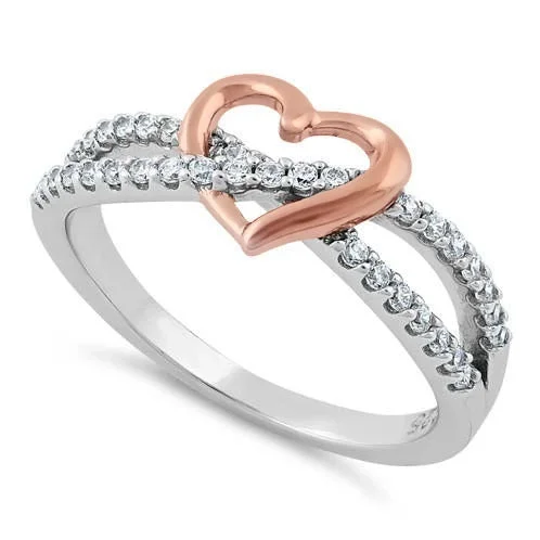 Rings For Jeans Style-Sterling Silver Rose Gold Two Tone Heart CZ Ring