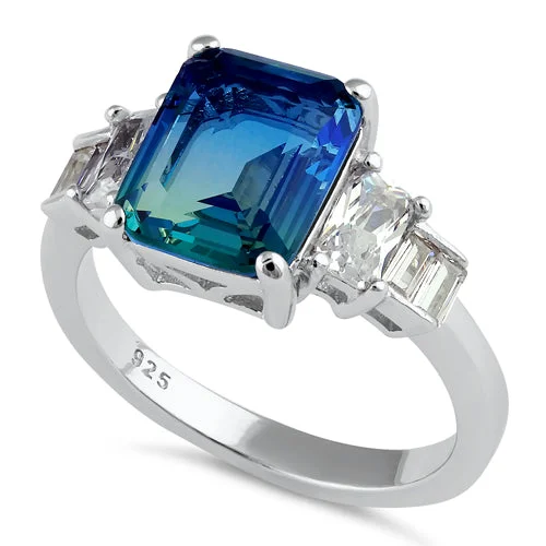 Rings For City Style-Sterling Silver Bicolor Blue Green Ombre CZ Ring