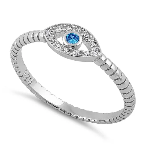 Rings Glow Rating-Sterling Silver Aqua Blue Stone Evil Eye CZ Ring