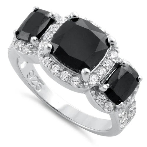 Rings For Short Fingers-Sterling Silver Black Three Stone Halo CZ Ring