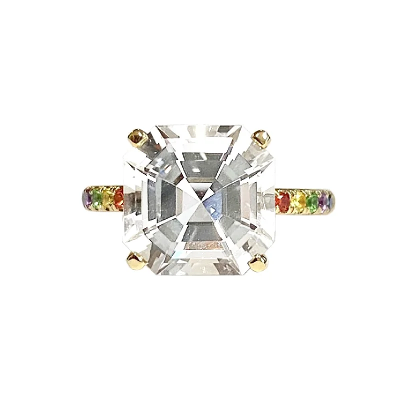 Rings For Gold Lovers-Cirque Asscher Solitaire Pavé Band Ring with White Topaz & Rainbow Pavé