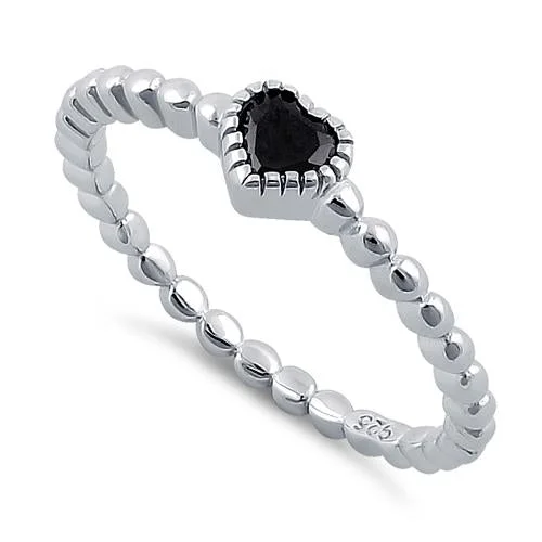 Rings With Small Gems-Sterling Silver Beaded Black Heart CZ Ring