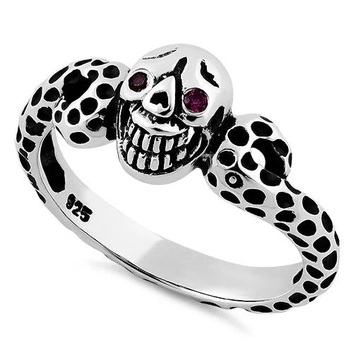 Rings With Pearl Accents-Sterling Silver Ladies Red Eyed Skull Ring