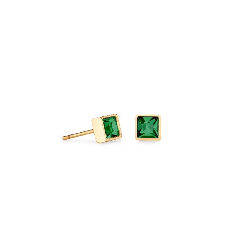 Earrings For Cool Seasons-Brilliant Square small earrings gold dark green