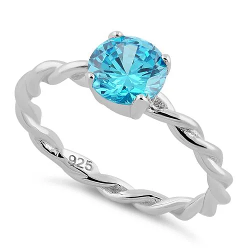 Rings With Band Links-Sterling Silver Aqua Twisted Band CZ Ring