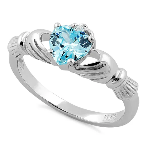 Rings For Rainy Days-Sterling Silver Claddagh Blue Zircon CZ Ring