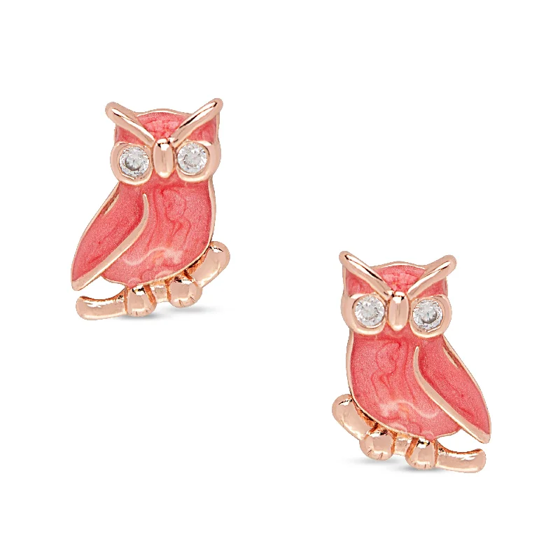 Earrings Care Advice-Owl Stud Earrings with CZ - Rose