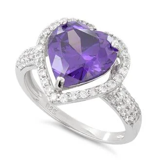 Rings Cost Reviews-Sterling Silver Amethyst Heart Halo CZ Ring