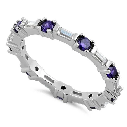 Rings For Older Ladies-Sterling Silver Precious Eternity Amethyst CZ Ring