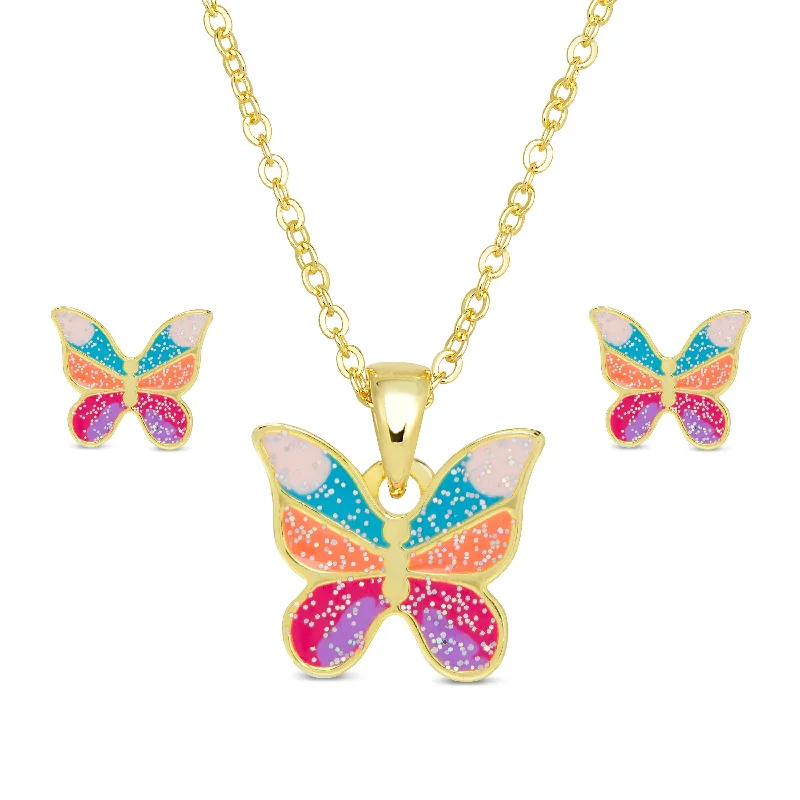 Earrings For Work Suits-Glitter Butterfly Necklace and Earrings Set