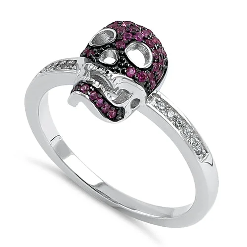 Rings For Thick Layers-Sterling Silver Black Rhodium Two Tone Ruby CZ Skull Ring