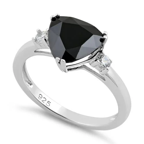 Rings For Low Charm-Sterling Silver Trillion Cut Black CZ Ring