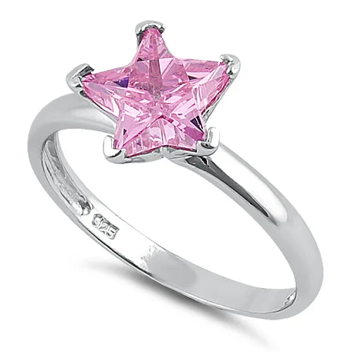 Luxury Rings For Gifts-Sterling Silver Pink Star CZ Ring