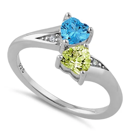 Rings For Dry Areas-Sterling Silver Double Heart Blue Topaz & Apple Green CZ Ring