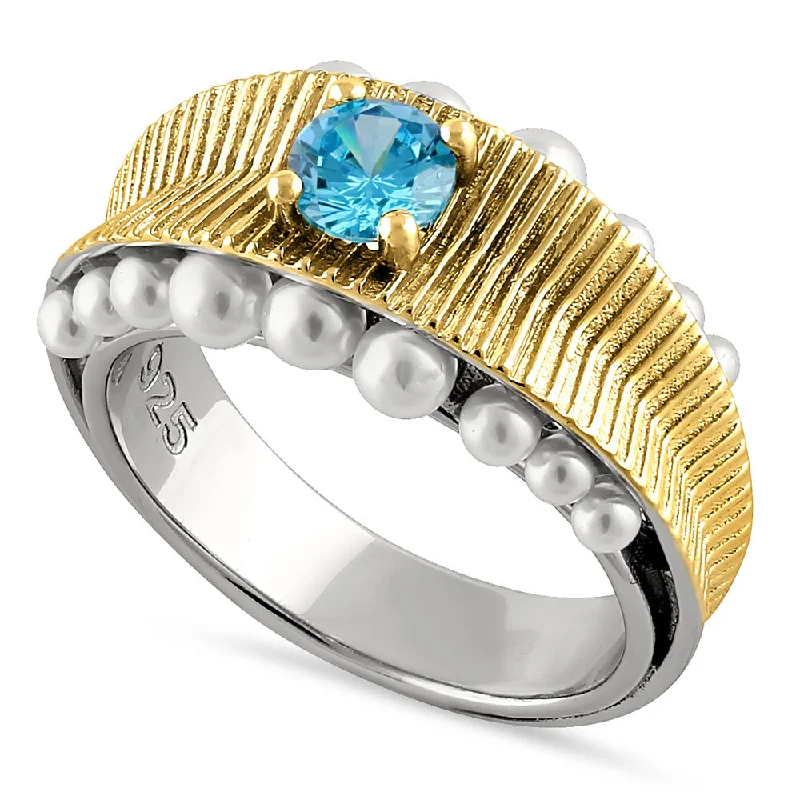 Rings Tarnish Tips-Sterling Silver Two-Tone Blue Topaz CZ and Pearl Ring