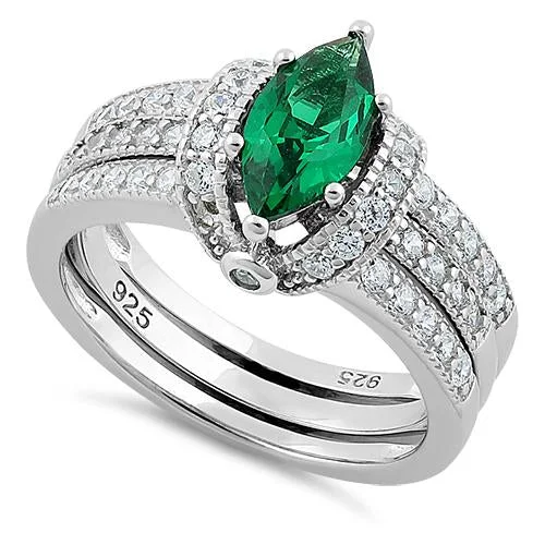 Rings Finish Styles-Sterling Silver Marquise Emerald Clear CZ Set Ring