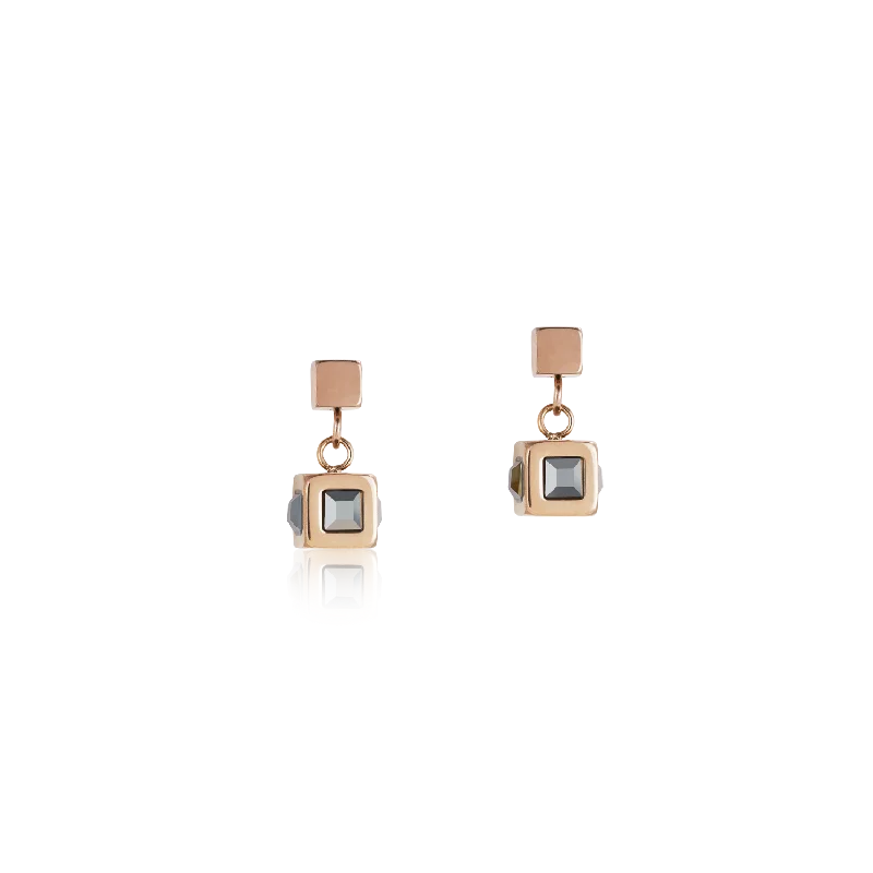 Tiny Earrings For Simplicity-Earrings cube stainlees steel rose gold & crystal anthracite