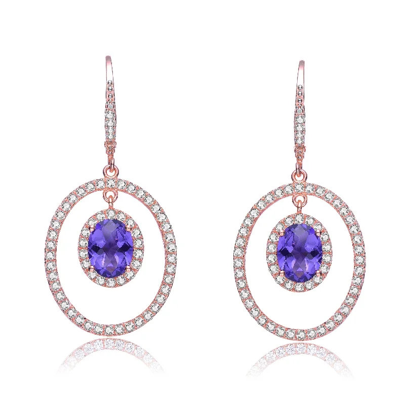 Earrings For Beach Days-Cubic Zirconia Sterling Silver Rose Plated Amethyst Oval Earrings