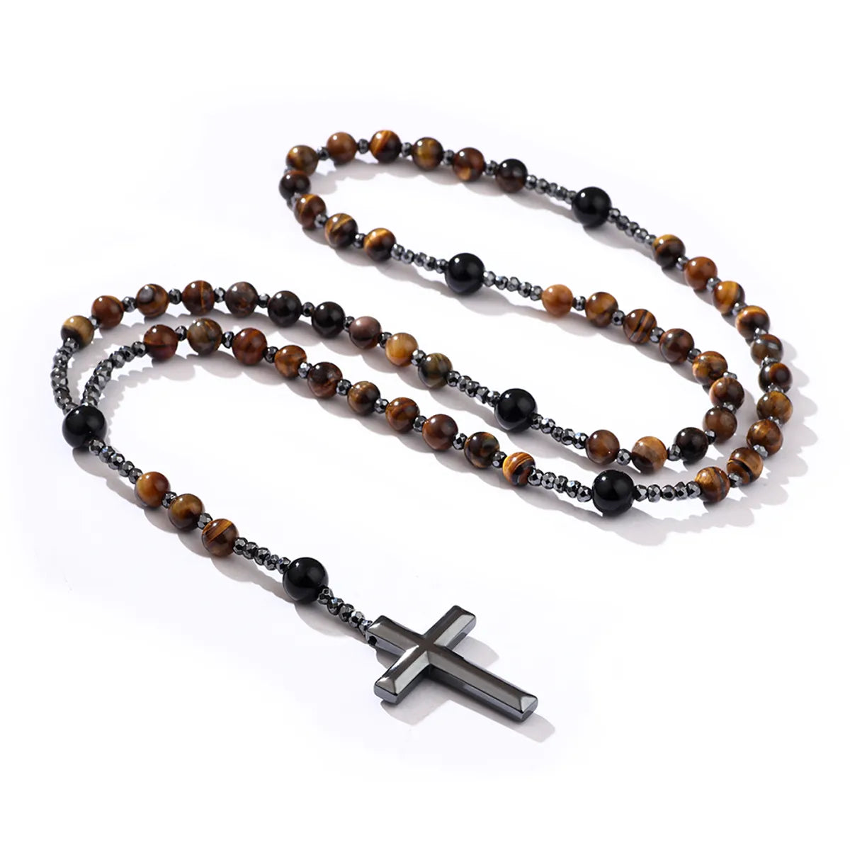 Smooth Necklaces For Wear-1 Piece Fashion Cross Stone Tiger Eye Obsidian Beaded Unisex Sweater Chain