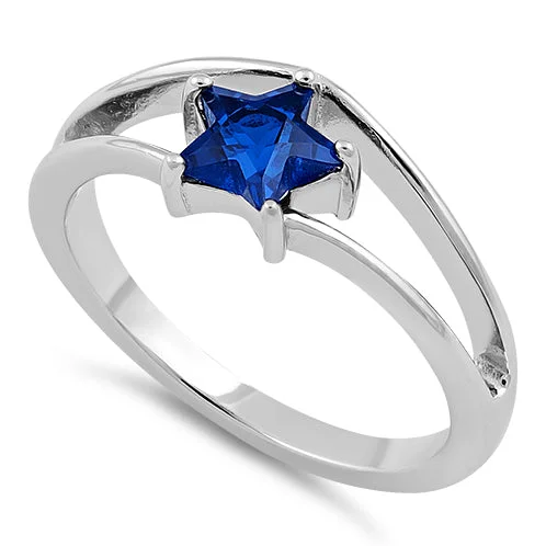 High-End Rings For Class-Sterling Silver Blue Sapphire Star Cut CZ Ring