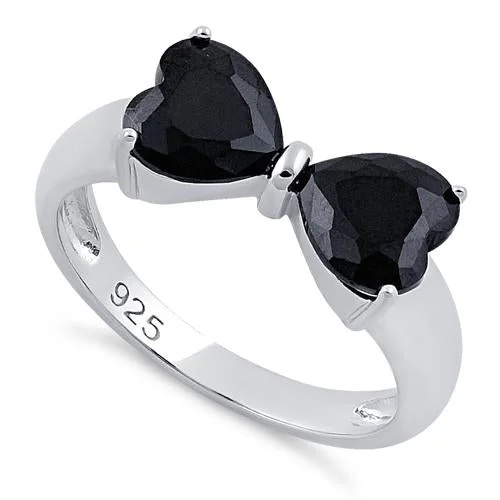 Rings For Warm Shades-Sterling Silver Bow Heart Cut Black CZ Ring