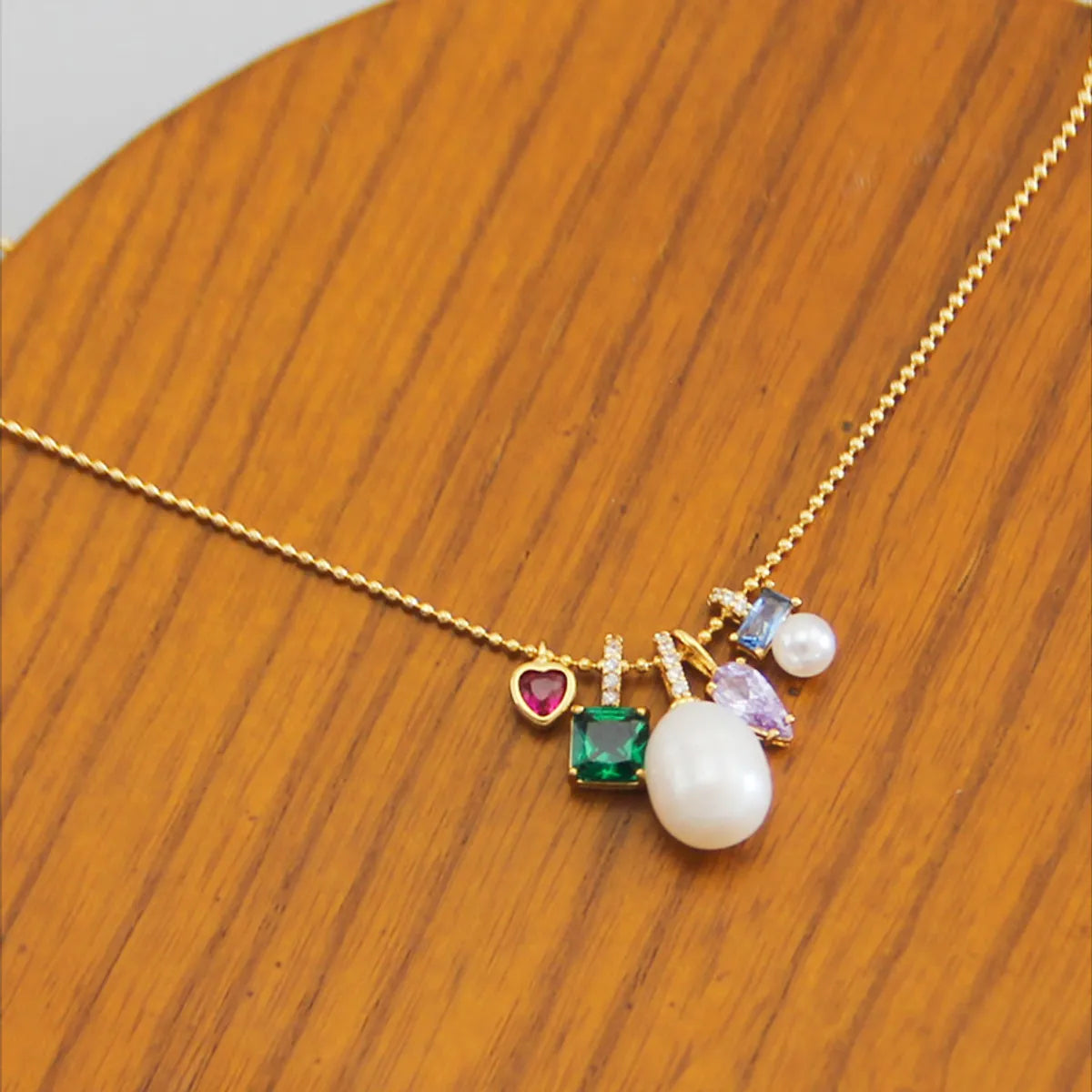 Necklaces For Daily Wear-Elegant Square Heart Shape Freshwater Pearl Copper Inlay Zircon Pendant Necklace