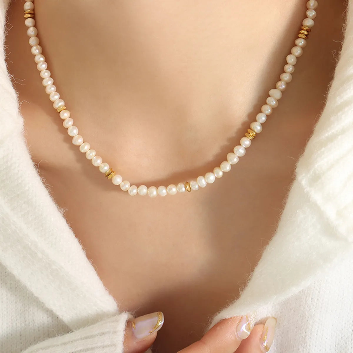 Low Cost Necklaces-Elegant Irregular Freshwater Pearl Titanium Steel Beaded Plating Necklace